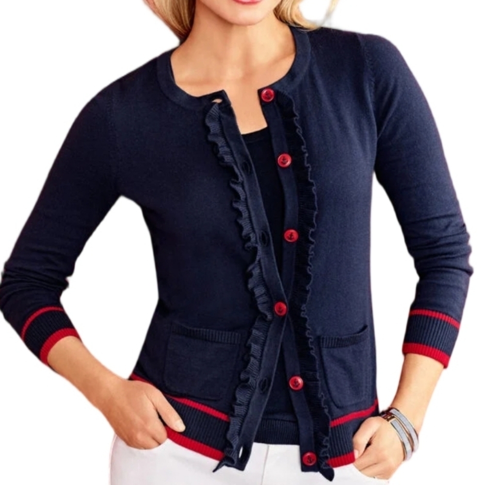 Talbots Cashmere Blend Soft Knit Navy Red Nautical Ruffle Front Cardigan Sweater